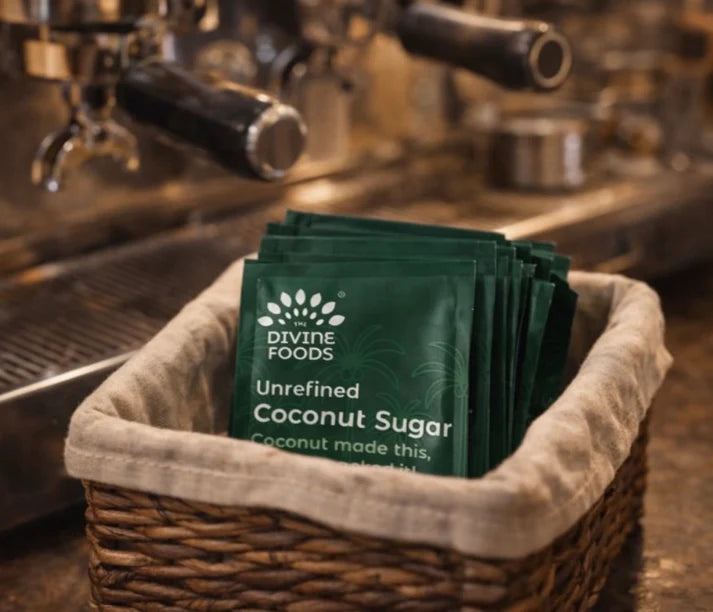 Divine Coconut Sugar Sachet 5 gm pack x 5 units | Natural Sweetener, Sugar Alternative, Coconut Palm Sap | Unrefined