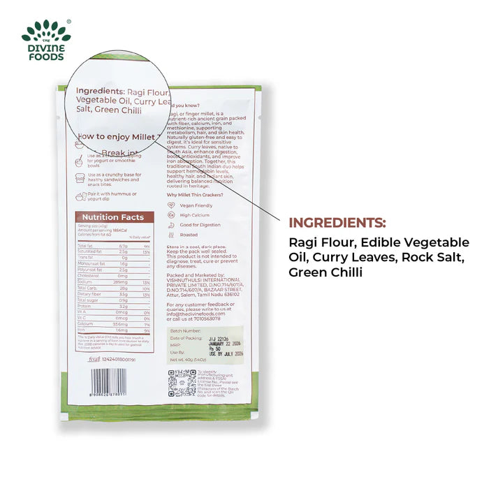 Divine Bytes | Ultra Thin Ragi Millet Crackers | Light, Crispy & Guilt-Free | Made with 72% Ragi Millet-40g